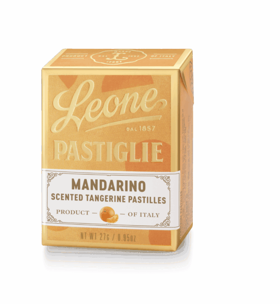 A tin of Pastiglie Leone Mandarino Pastilles