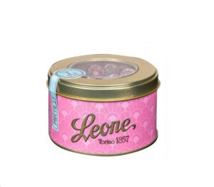 Tin of Blueberry Jellies with a pink and white label.