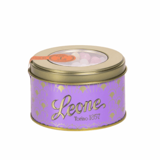 Tin of  with a pink and white label.