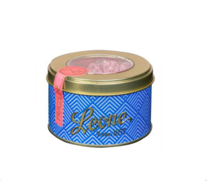 Tin of Strawberry Jellies with a pink and white label.