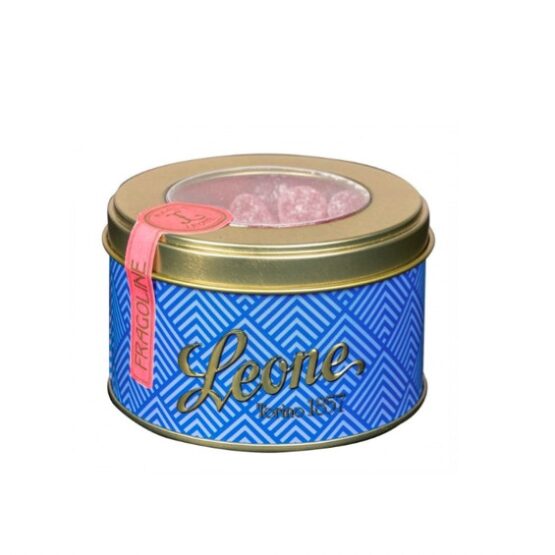 Tin of Red Orange Jellies with a pink and white label.