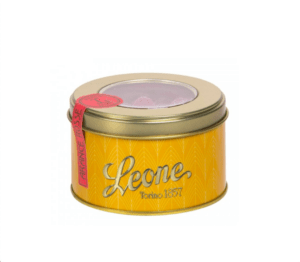 Tin of Red Orange Jellies with a pink and white label.