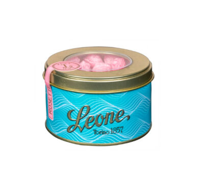Tin of Leone Rose Jellies with a pink and white label.