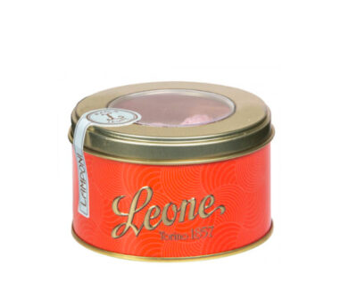 Tin of authentic Italian Leone Raspberry Hard Candies, bursting with flavor.