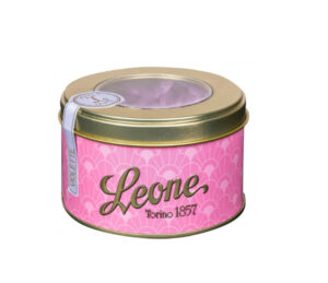 Tin of Leone Violet Jellies with a pink and white label.