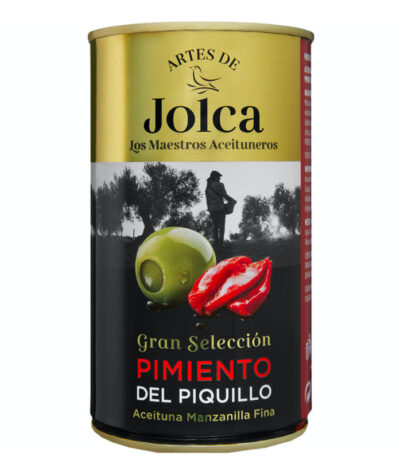 Jolca Manzanilla olives stuffed with piquillo peppers, gourmet Spanish snack