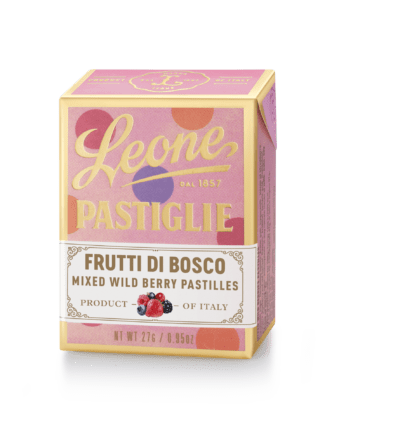 A tin of Pastiglie Leone Frutti Di Bosco Pastilles