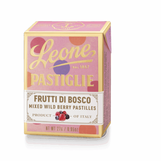 A tin of Pastiglie Leone Frutti Di Bosco Pastilles