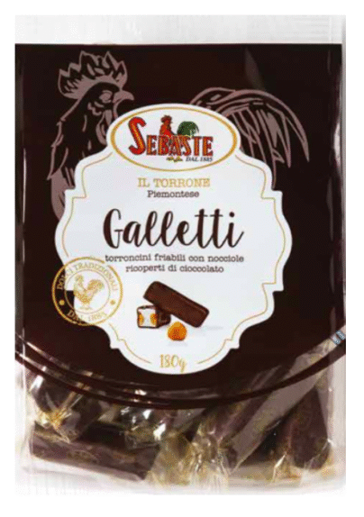 Hard Nougat with hazelnut from Piemonte covered in chocolate